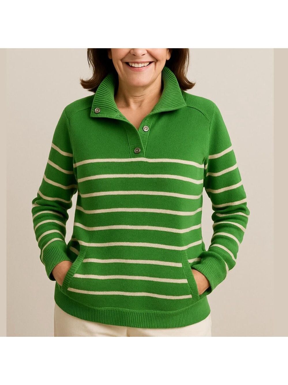 90s COTTON KNIT GREEN & OFF WHITE IZOD SWEATER SNAP MOCK NECK POUCH POCKET SZ M